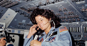 Seen on the flight deck of the space shuttle Challenger, astronaut Sally K. Ride, STS-7 mission specialist, became the first American woman in space on June 18, 1983. Image by NASA.